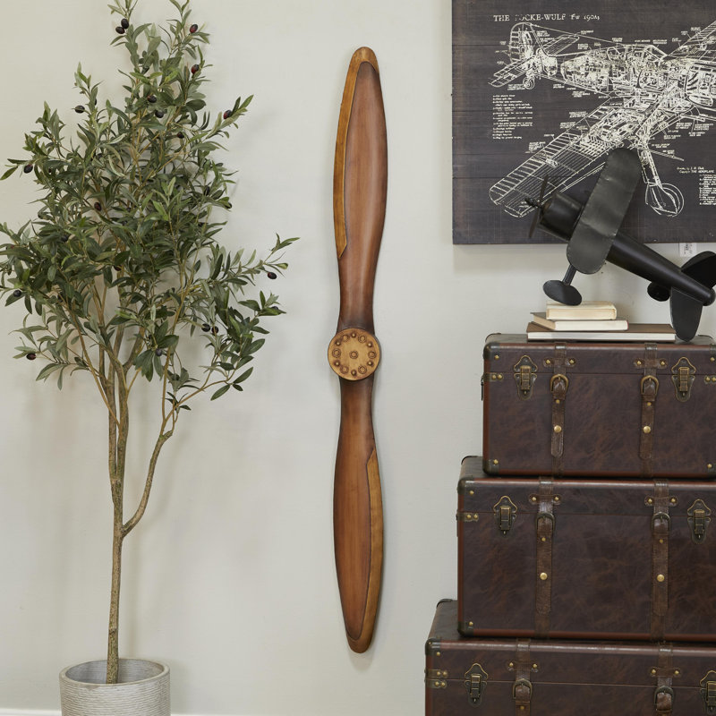 Dayina Metal Wood Inspired 2 Blade Airplane Propeller Brown Wall Decor with Aviation Detailing, Gold, 55"H