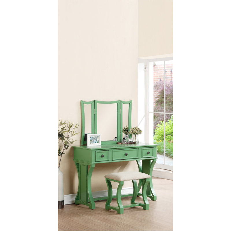 Ensemble de meuble-lavabo unique moderne avec tabouret et tiroirs à miroir pliables en panneau de fibres à densité moyenne de couleur vert pomme