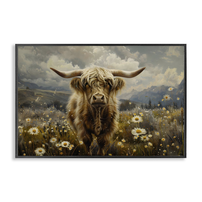  Bétail dans un champ de marguerites, estampe numérique par LSR Design Studio, Giclée encadrée noir minuit, H 12 po x l 18 po