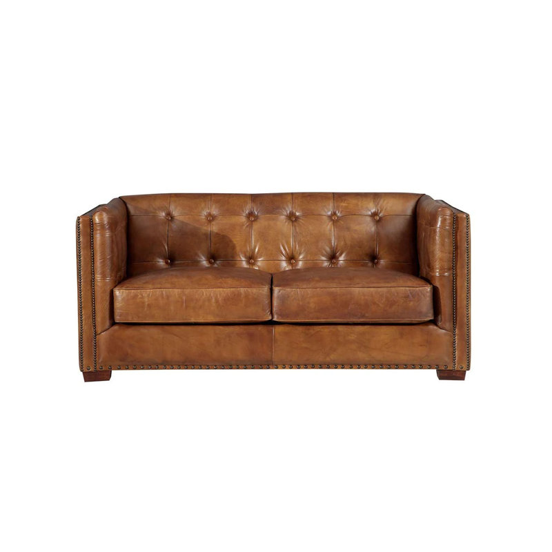 Bellefont 69'' Genuine Leather Tuxedo Arm Loveseat, Light Brown Genuine Leather