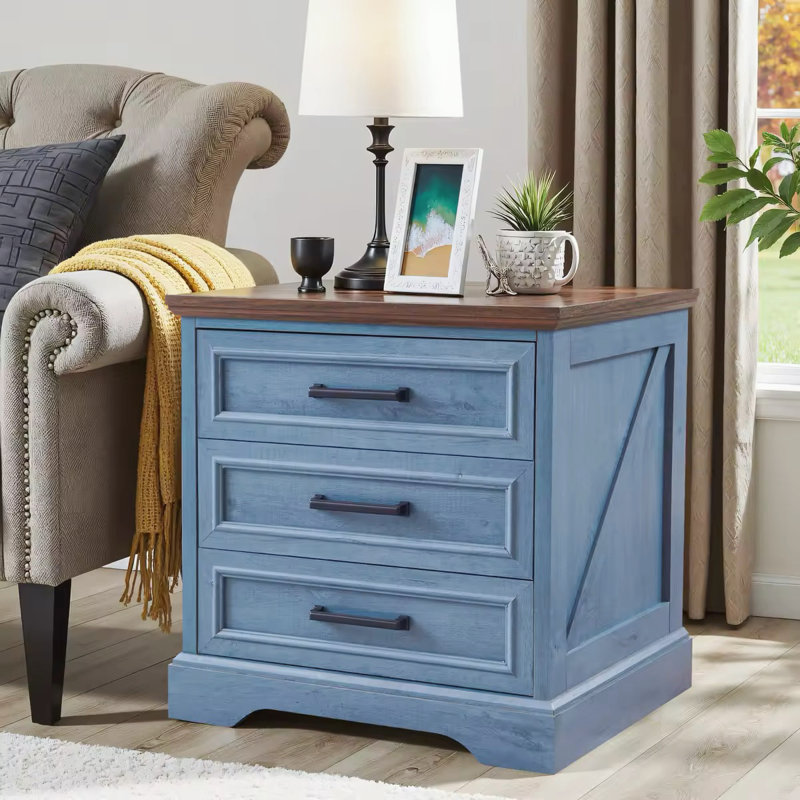Farmhouse 22'' Wide  Nightstand With Charging Station, Rustic Wood End Table With 3 Large Drawers & Bar Handles, Blue/Brown