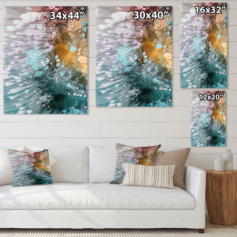 Turquoise et mauve liquide Flow Art III - impression sur toile moderne, H 32 po x l 16 po x P 1 po, Toile tendue