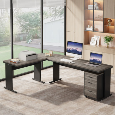 Bureau en L 83 po réversible avec classeur à roulettes et tiroirs - grand bureau de coin, poste de travail de bureau à domicile