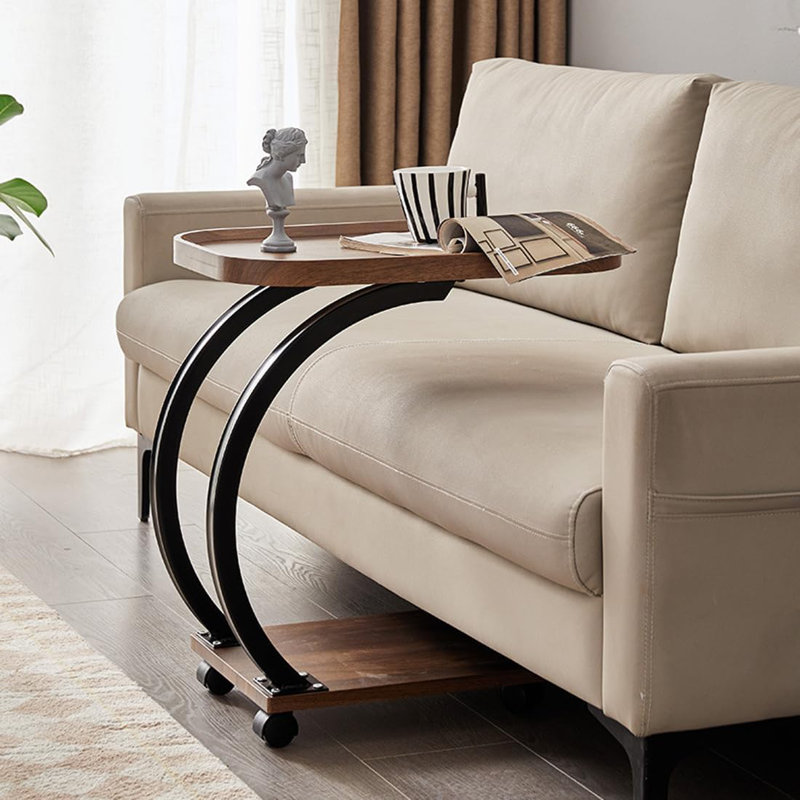 C Shaped Side Table With Wheels, Modern C Table End Table For Sofa And Bed, Small Couch Tables That Slide Under, Wooden C Shaped End Table For Couch, Coffee C Table For Small Space(Walnut)