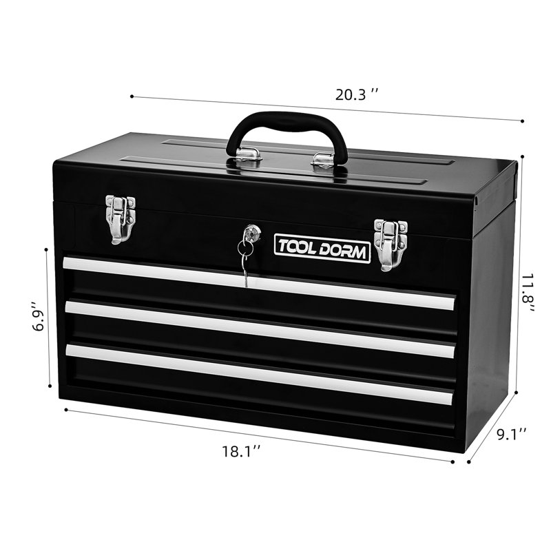 20.3-Inch Metal Toolbox With Drawers Portable Steel Metal Toolbox With Protective Lining And Metal Latch For Garages, Homes And Warehouses (Red And Black - 3 Drawers)