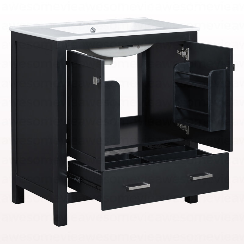 Meuble-lavabo noir de 30 po avec lavabo simple, meuble-lavabo encastré, armoire de rangement avec 2 portes et un tiroir, fermeture en douceur, rangement multifonctionnel, structure en bois massif