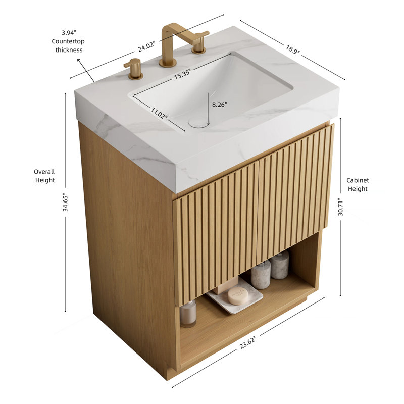 Meuble-lavabo autoportant de 61 cm avec comptoir en pierre frittée et lavabo en céramique