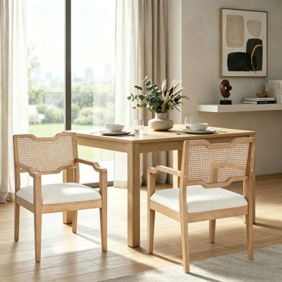 Ensemble de 2 chaises de salle à manger avec dossier en rotin, chaises d'appoint rembourrées avec pieds en bois d'hévéa, siège en tissu rembourré, chaises de réception avec accoudoirs pour salle à manger ou cuisine