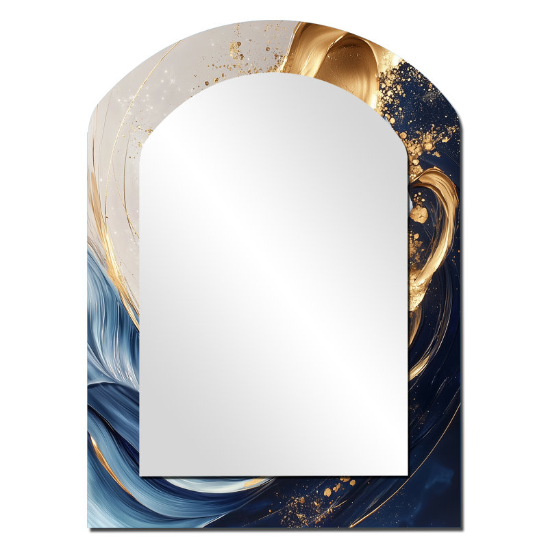 Golden Dream Peony Flower II - miroir en forme d'arche de pivoine, miroir mural asymétrique bleu unique, impression d'art en métal