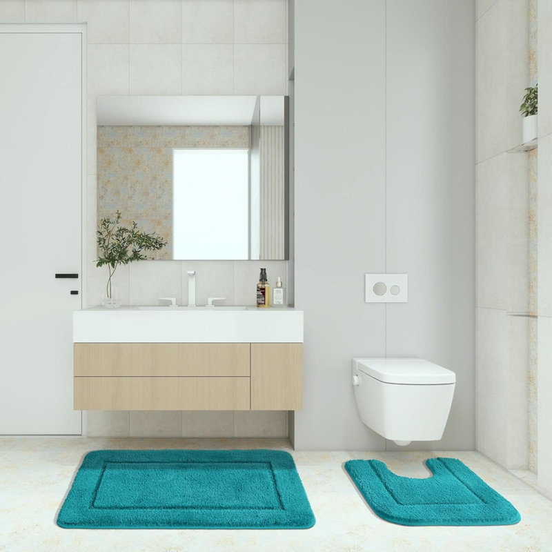Luxury 2 Piece Greek Bath Mat Set Non Slip Ultra Soft Bathroom Mats Water Absorbent Bath Mats Machine Washable Rug Toilet Mat For Bathroom Floor (Aqua)