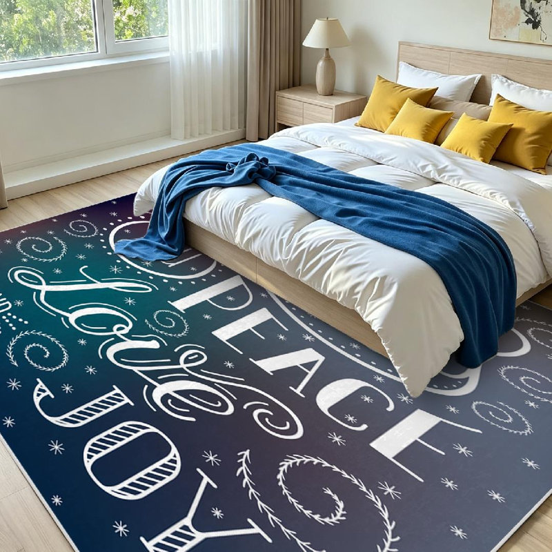 Tapis d'intérieur bleu lavable à la machine, avec inscription de Noël « You Peace Love »., Rectangle 71 po x 98 po