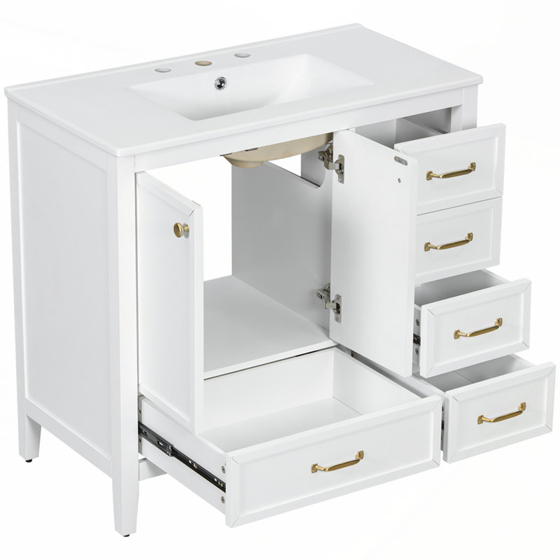 Meuble-lavabo moderne avec lavabo en céramique intégré et rangement à plusieurs niveaux, Blanc
