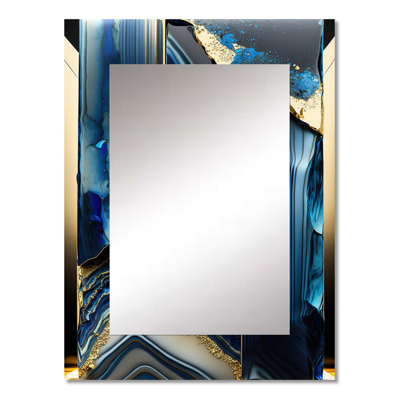 Abstrait Geode Geometric Blue III - miroir géométrique, miroir mural bleu unique, impression sur métal, 32 po x 24 po
