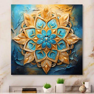 «Divine Mandala», reproduction sur toile encadrée dorée et turquoise rétro