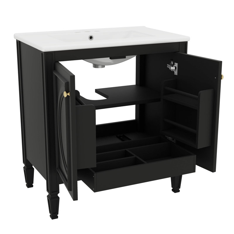 Meuble-lavabo simple 30 "avec lavabo et deux portes avec tablette, Noir