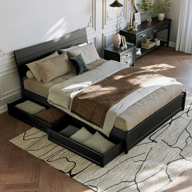 Harlowe Wood Platform Bed with Storage Drawers, Black, Queen