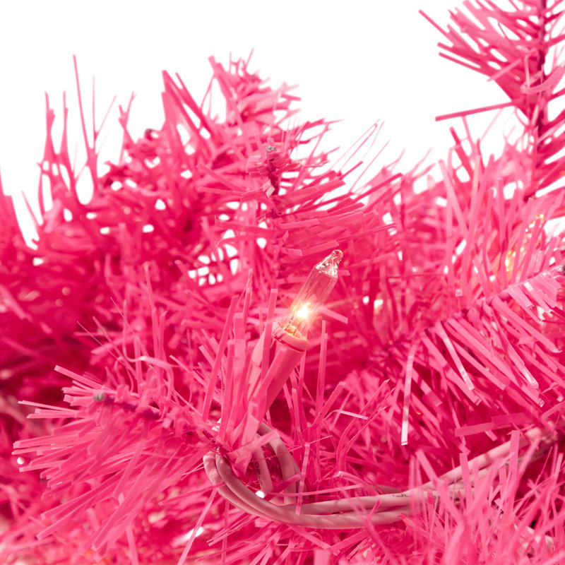 Pre-Lit Artificial Tinsel Christmas Garland - 9' X 8" - Clear Lights, Pink