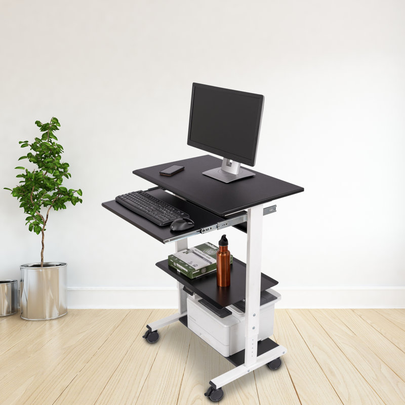 White Adjustable Height Standing Desk with Keyboard Tray and Printer Shelf