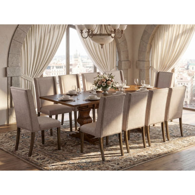 Ensemble de 11 pièces de coin-repas comprenant une table de salle à manger rectangulaire avec rallonge amovible et 10 chaises de salle à manger Parson en tissu kaki foncé, noyer antique