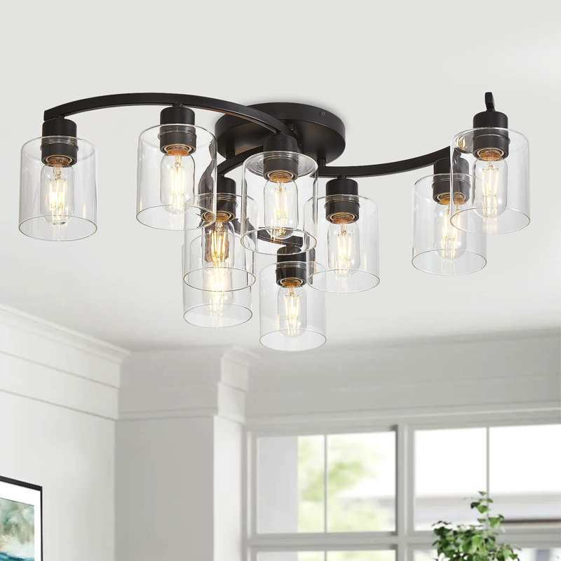 Plafonnier semi-encastré 9 lumières, plafonnier noir mat, luminaire de salle à manger maison de campagne avec abat-jour en verre transparent