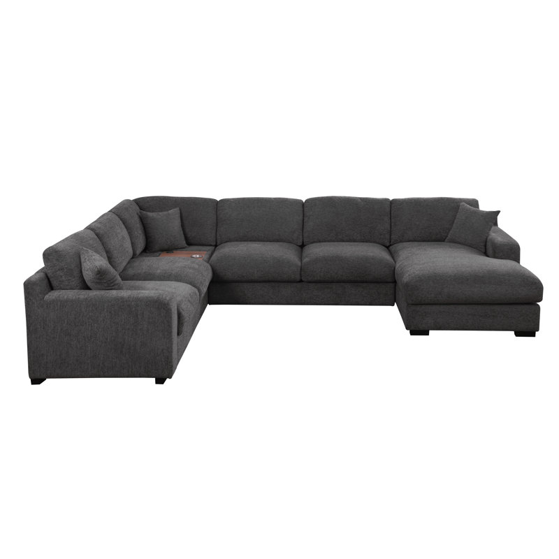 128"W Chenille Fabric Corner Sectional Sofa With Right-Facing Chaise, Cupholders And Charging Ports, Gray