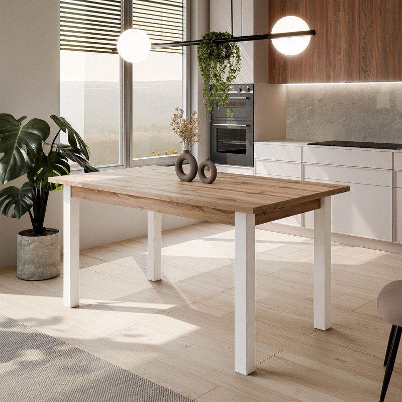 Extendable Metal Base Dining Table, White, Wotan Oak