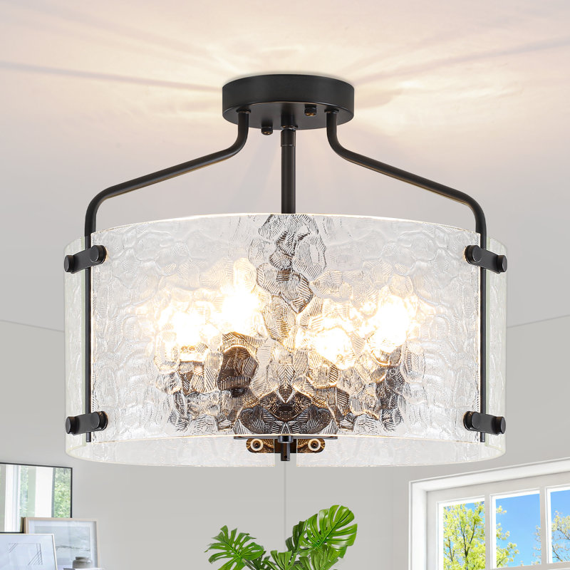 4-Light Modern Glass Drum Semi Flush Mount Ceiling Light Fixture for Kitchen Bedroom Entryway Hallway, Matte Black