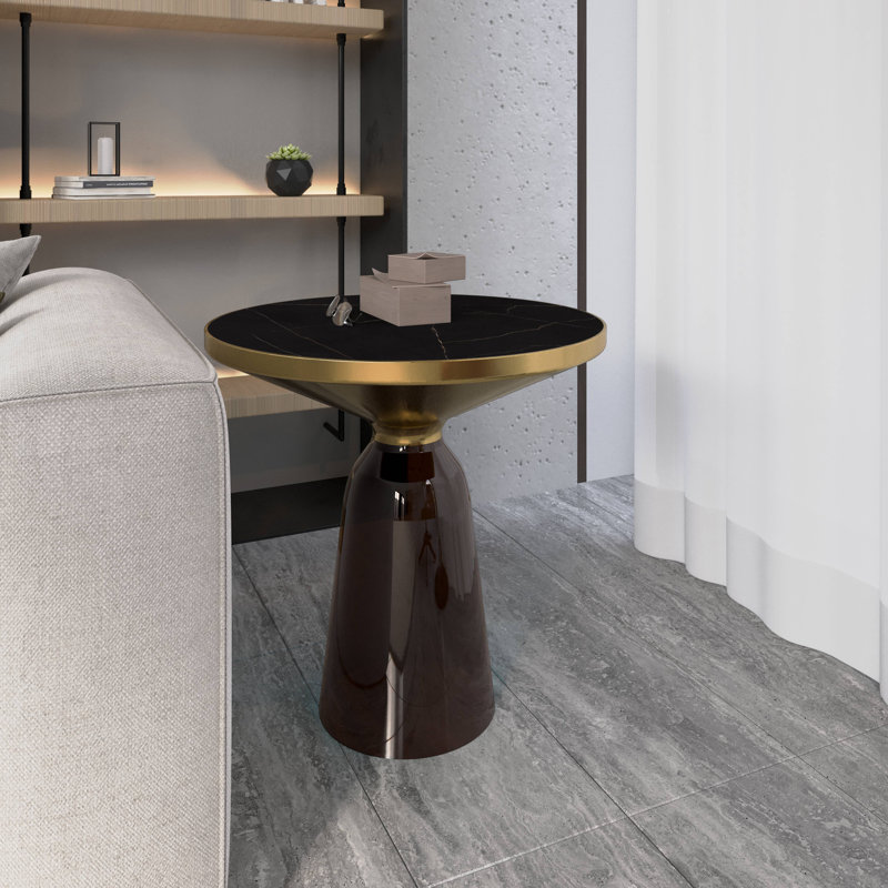 19" Round Side End Table Glass/Sintered Stone Top With Brushed Gold Rim And Tempered Glass Base, Gray, Black Stone