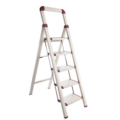5-Step Folding Step Ladder with Aluminum Anti-Slip Pedals,Steel Frame,Handrail and Non-Skid Feet Cream