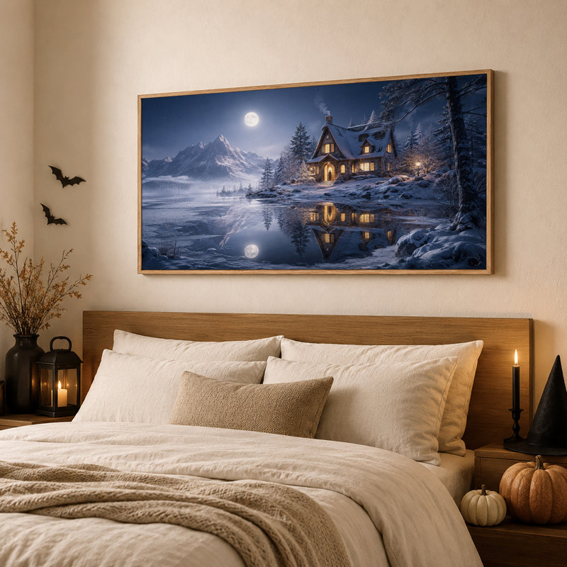 Cabane enneigée aux fenêtres illuminées, lac au clair de lune, toile murale d'Halloween, 46“W x 24”H