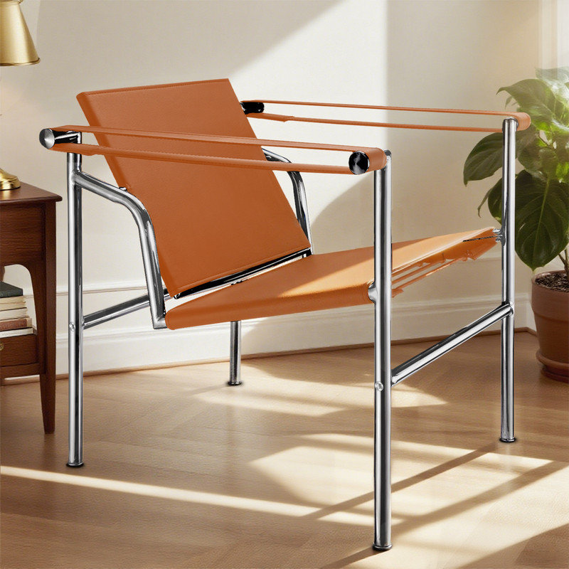 Modern Sling Armchair, Cantilever Faux Saddle Leather Accent Chair, Mid-Century Swivel Backrest  Chair, Stainless Steel Frame