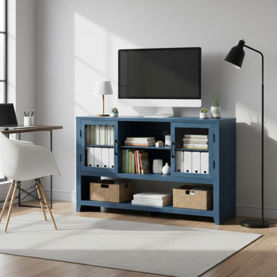 Buffet moderne Mid-Century avec 3 tablettes de rangement et 2 portes en verre - Grande crédence pour la salle à manger, la cuisine, le café ou le vestibule - Bleu estampé