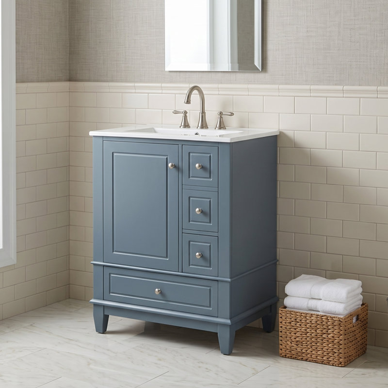Meuble-lavabo autoportant de 61 cm (24 po) en bois massif et MDF gris-bleu avec lavabo en céramique intégré et rangement, 24"
