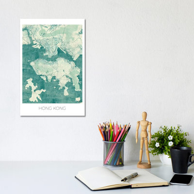 Hong Kong Vintage Blue Watercolour Urban Blueprint Map by Hubert Roguski - Wrapped Canvas Gallery-Wrapped Canvas Giclée