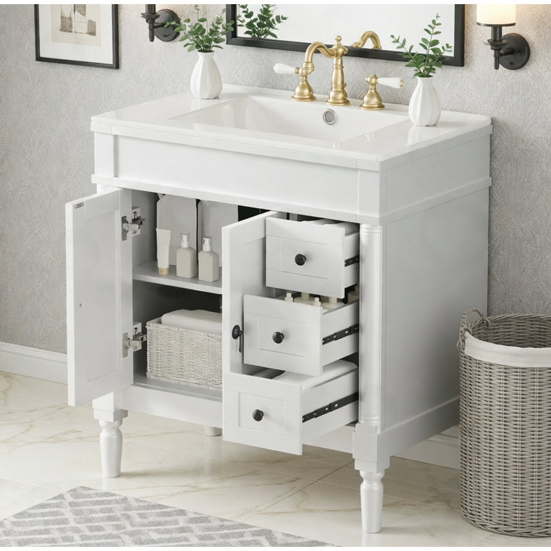 Meuble-lavabo avec 2 portes, 3 tiroirs et tablette réglable, Blanc/Noir