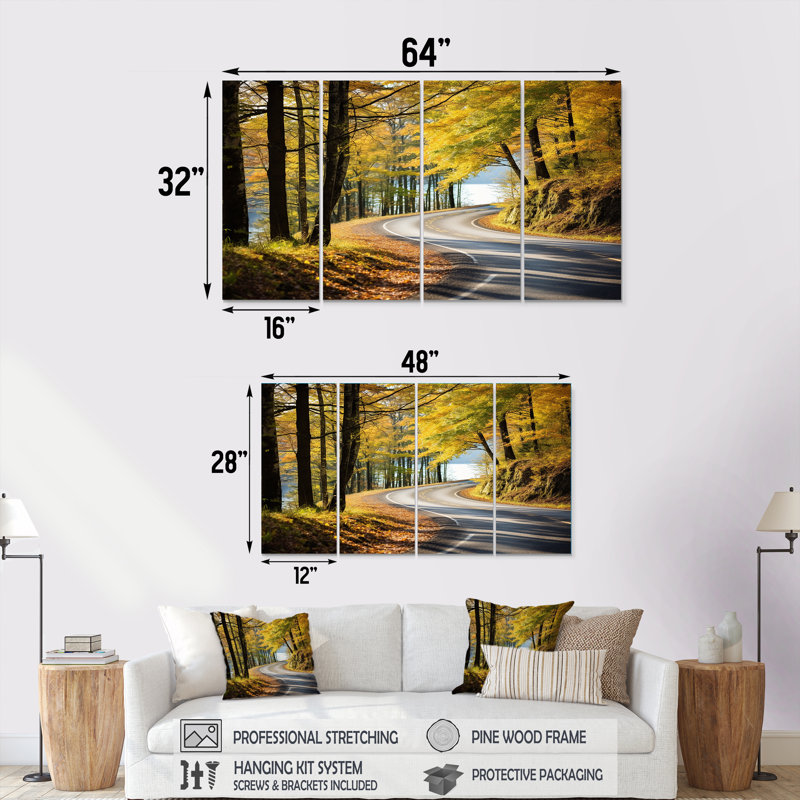 Autumn's Road Into The Forest III - Road, ensemble d'art mural 4 pièces, H 28 po x l 48 po