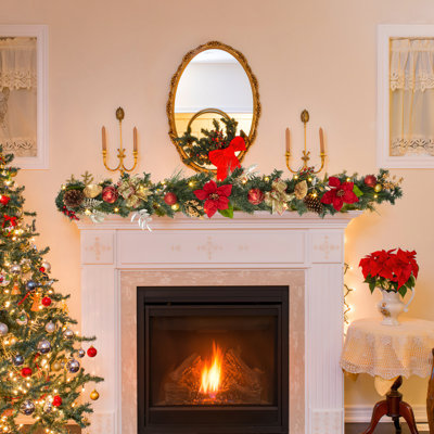 Guirlande de Noël 6 pieds avec 20 lumières et boules de fleurs artificielles, pommes de pin et branches dorées pour le porche de la table de cheminée, or rouge