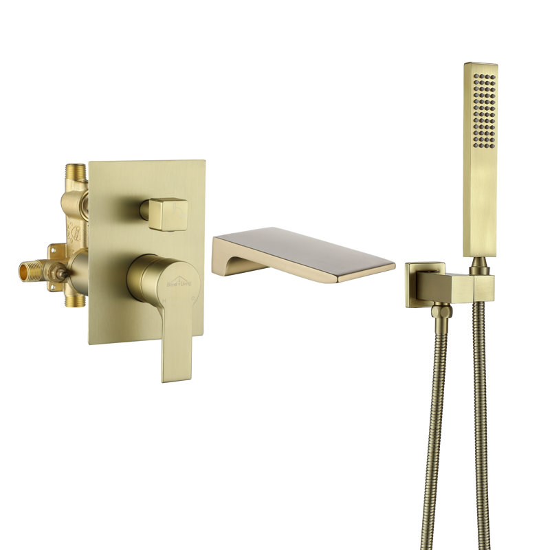 Brushed Gold Wall Mount Roman Tub Faucet with Hand Shower
