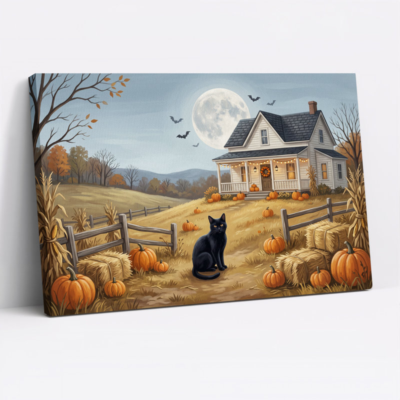 «Black Cat Sitting in Pumpkin Patch Under Full Halloween», art mural sur toile, H 28 po x l 40 po