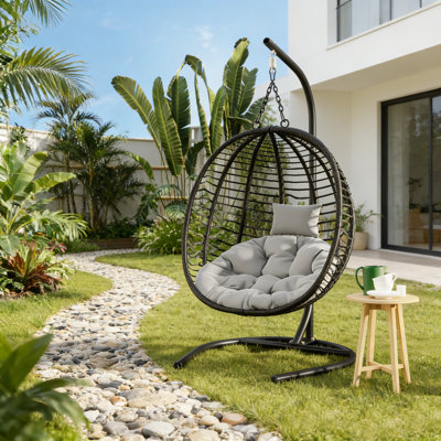 Balancelle en osier d'extérieur avec support, fauteuil de patio surdimensionné avec coussin et appui-tête, structure en acier robuste, chaise longue d'intérieur