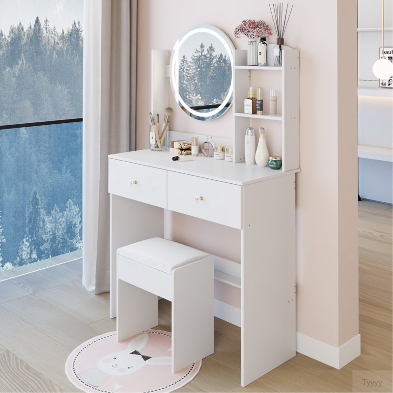 Ensemble de coiffeuse à miroir rond de 17 po à DEL et ensemble de tabourets à coussin moelleux, grand miroir, interrupteur tactile, 3 couleurs, luminosité réglable, grand bureau, rangement multicouche de grande capacité, convient aux petits espaces