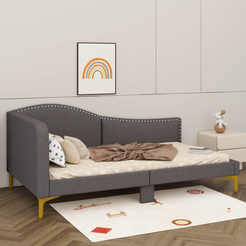 Lit de jour rembourré luxueux avec tête de lit élégante et accoudoirs confortables, Gris, Lit simple
