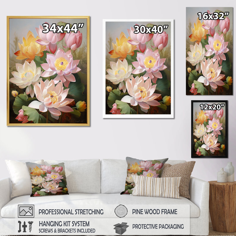 Lotus Exquis Bouquet sur toile, H 20 po x l 12 po x P 1 po, Toile tendue