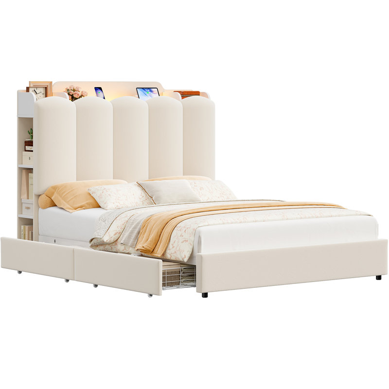 Structure de lit tapissier avec éclairage DEL, ports USB, casiers latéraux et 2 tiroirs de rangement sous le lit, lit plateforme moderne crème