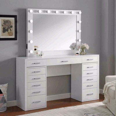 1Pc Makeup Vanity  Multiple Drawer Cabinets 15Pcs Bulbs Usb Charger White Finish Stool Not Included