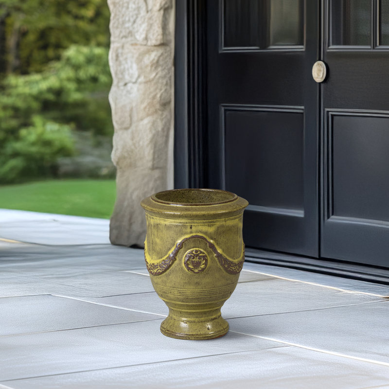Anduze French Yellow Ceramic Round Planter with Drainage Hole, 16" H x 12" W x 12" D