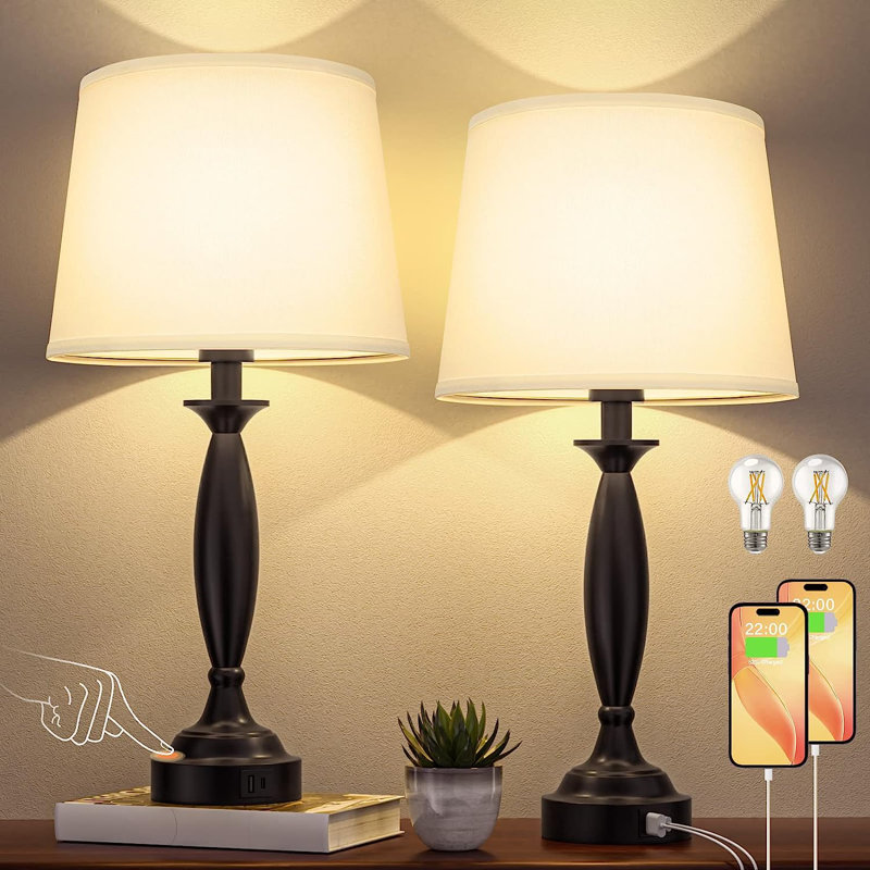Lampe de table USB en métal Stantonsburg, Noir, Crème