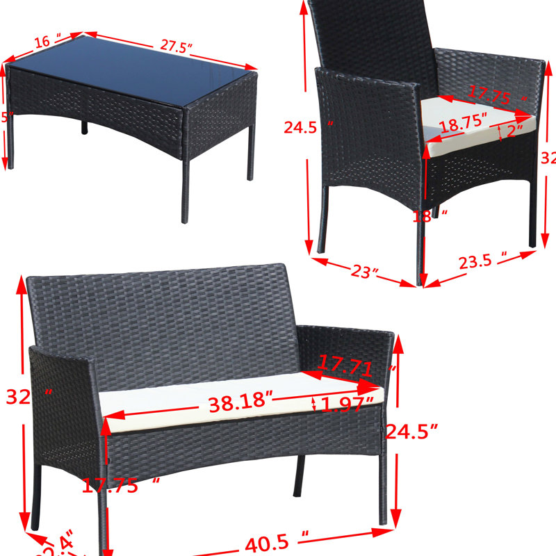 Ensemble de mobilier de jardin 4 pièces - Coussins beiges pour terrasse, comprenant 2 fauteuils et une table basse en verre trempé.
