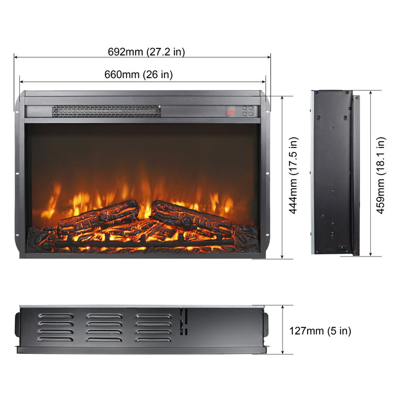 26" Ultra-Thin Electric Fireplace Insert with Log Set, Realistic Flame & Remote Timer, 18.1" H x 27.2" W x 5" D