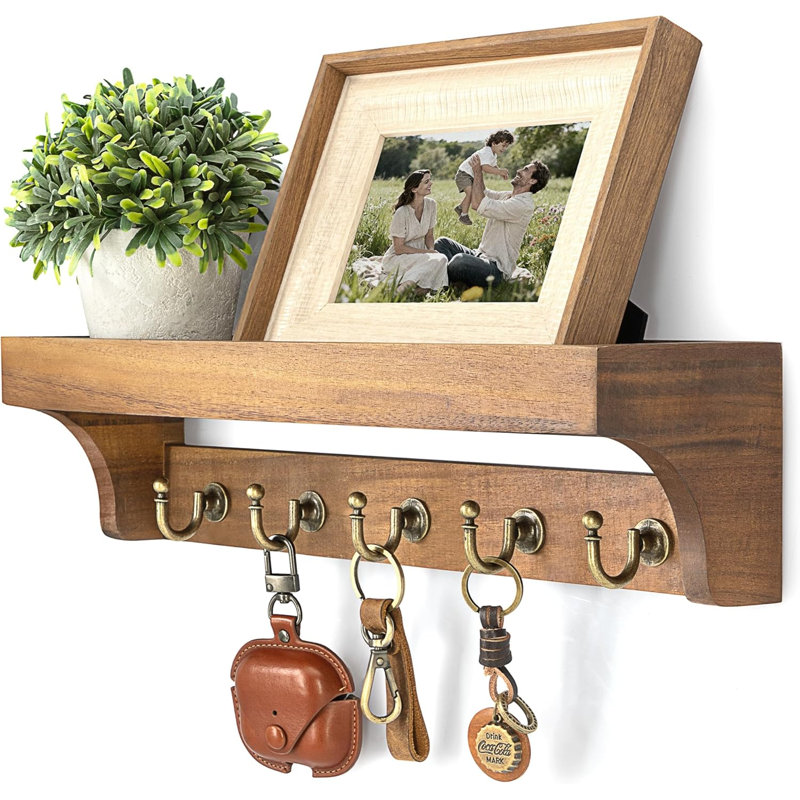  Porte-clés mural en bois de pin Farmhouse pour décoration de chambre - Porte-clés rustique pour mur avec tablette pour petites plantes et objets mignons - Organisateur d'entrée idéal pour la maison (bois naturel)